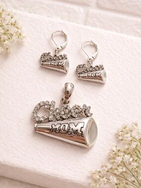 Silver Tone Rhinestone Cheer MOM Pendant & Earring Set